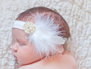 Feather Pearl Embellishment Elastic Headband Girls Kids Toddler Children Infant Baby Clothes