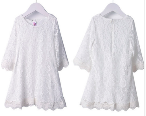 3/4 Sleeves White Lace Scallop Dress Girls Kids Toddler Children Infant Baby Clothes