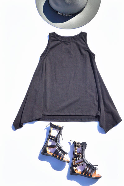 Black Sharkbite Summer Fall Dress with Gladiator Sandals for Children Baby Toddler Infant Kids