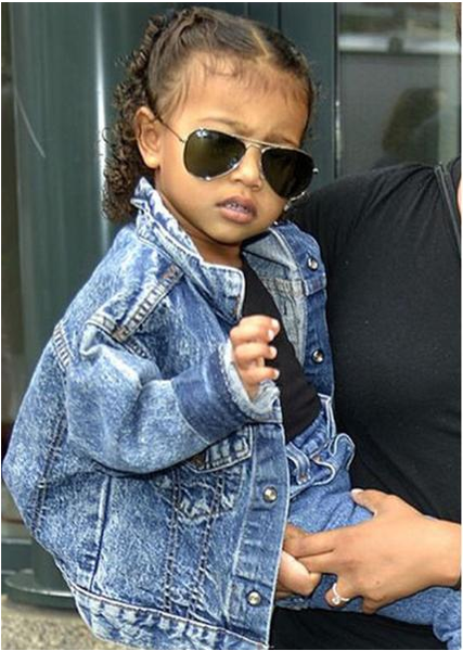 North West Destructed Oversized Blue Denim Jacket  Unisex Boys Girls Kids Toddler Children Infant Baby Clothes with Rayban Aviator 