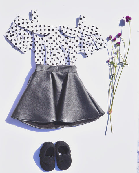 Black White Polkda Dot Cold Shoulder Top and Black PU Fit & Flare Skirt with Black suede moccasin for Kids Children Baby Toddler Infant Clothing 