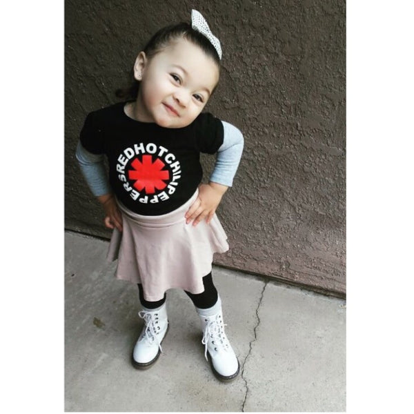 Red Hot Chili Peppers Black Red White Tee with Pink Flare Skirt and White Combat Boot Unisex Boys Girls Kids Children Toddler Baby Infant Tee Clothes
