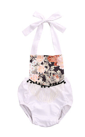 Black Floral White Halter Romper Pom Pom Girls Kids Toddler Children Infant Baby Clothes