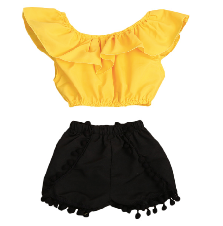 Chiquita Yellow & Black Off Shoulder Pom Pom Shorts Set