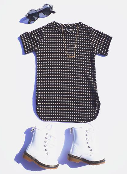 Black White Polka Dot Short Sleeve Tunic with White Combat Boot and Round Glasses for  Boys Girls Kids Toddler Children Infant Baby Unisex Clothes