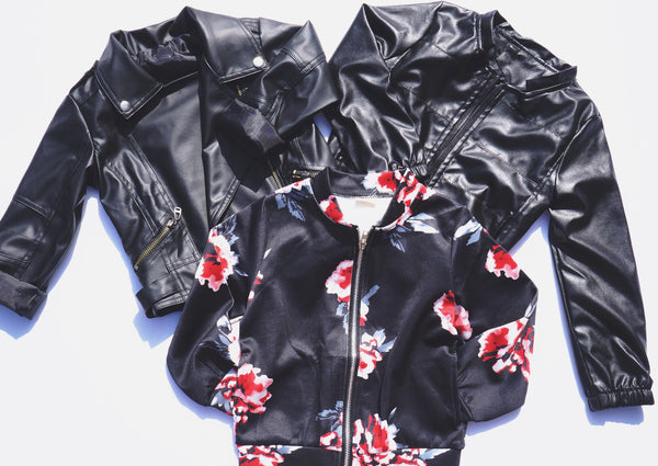 Black PU Bomber Moto Floral Scuba Jacket for Kids Children Toddler Infant Baby Boys Girls Unisex