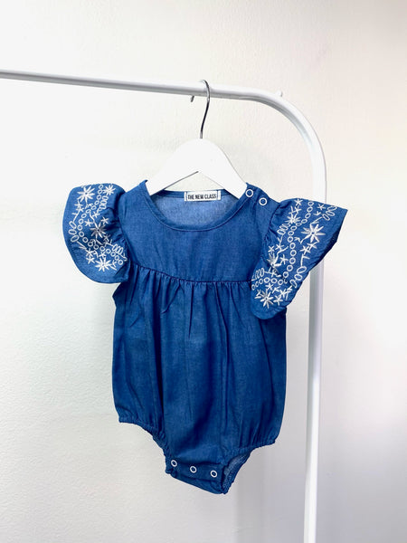 Zars Floral Embroidered Chambray Romper